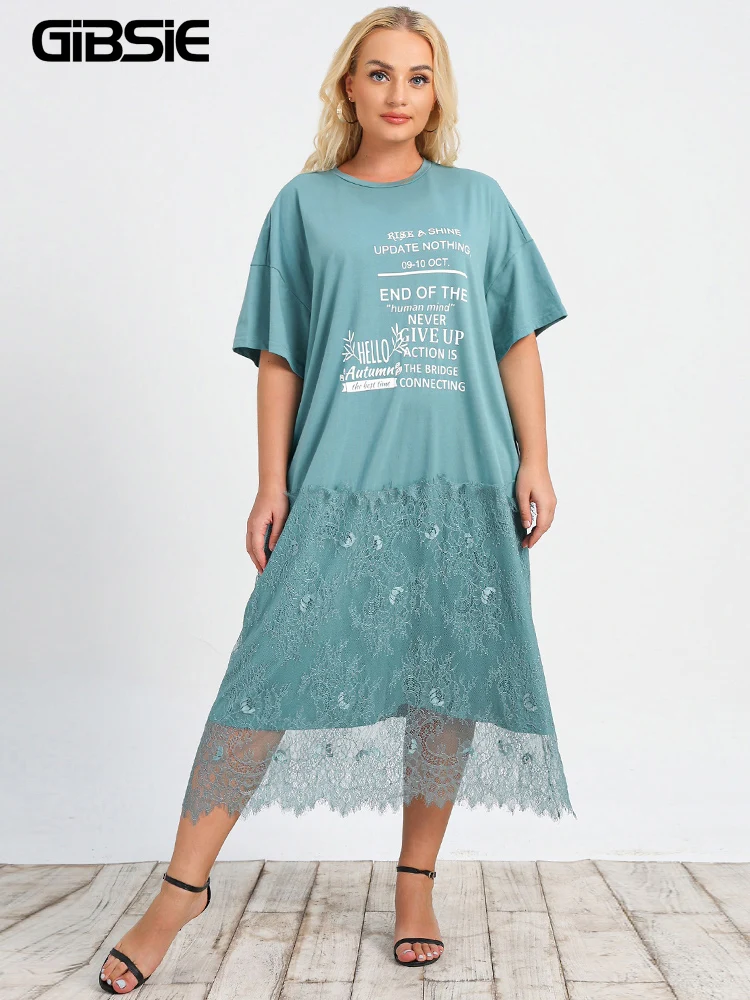 

GIBSIE Plus Size Drop Shoulder Letter Print Lace Hem T-Shirt Dress 4xl 3xl Women Casual Half Sleeve O-Neck Summer Long Dresses