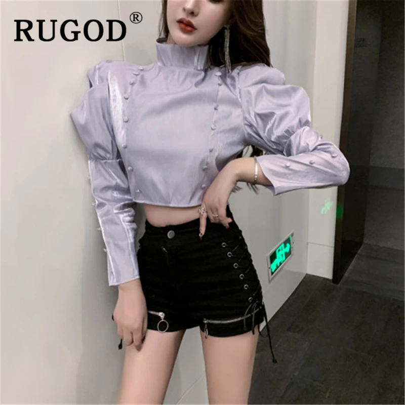 RUGOD винтажные одноцветные офисные женские рубашки элегантные рукав-фонарик с