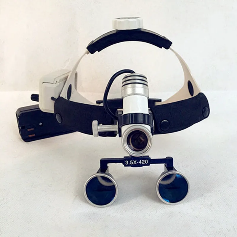 Бинокулярный увеличитель 2,5 / 3,5X для стоматологических и хирургических операций + беспроводной медицинский налобный фонарик с LED-подсветкой 3 Вт и двумя аккумуляторами.