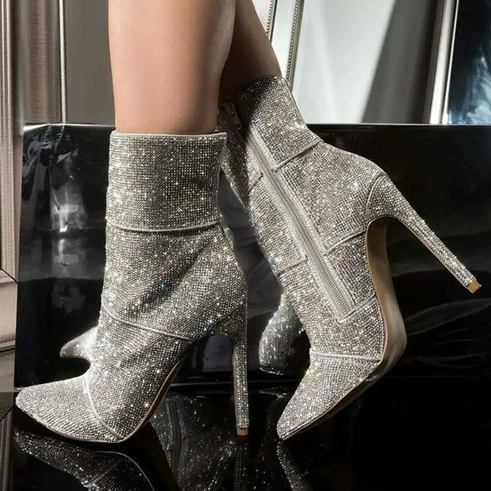 

Sequined Cloth Silver Gold Booties Women Pointed Toe Clear Crystal Ankle Boots Lady Side Zipper Stiletto Heels Short Boots 2022