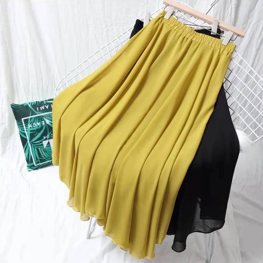 

Summer Women Maxi Skirt Two Layer Boho High Wasit Women Long Chiffon Skirt Saias Floor Length Women White Skirt