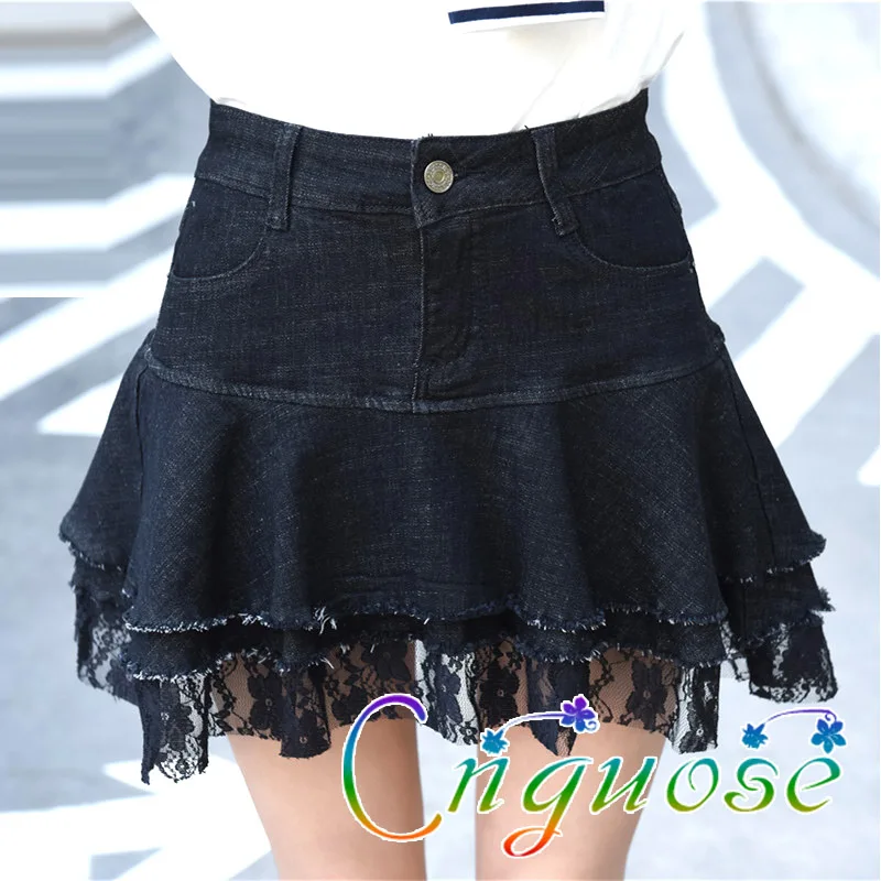 

2020 Summer Female Plus Size Fashion Casual Mini Short Denim Lace Skirt Womens / Student Jeans Skirt Pants Mini Skirt Korean