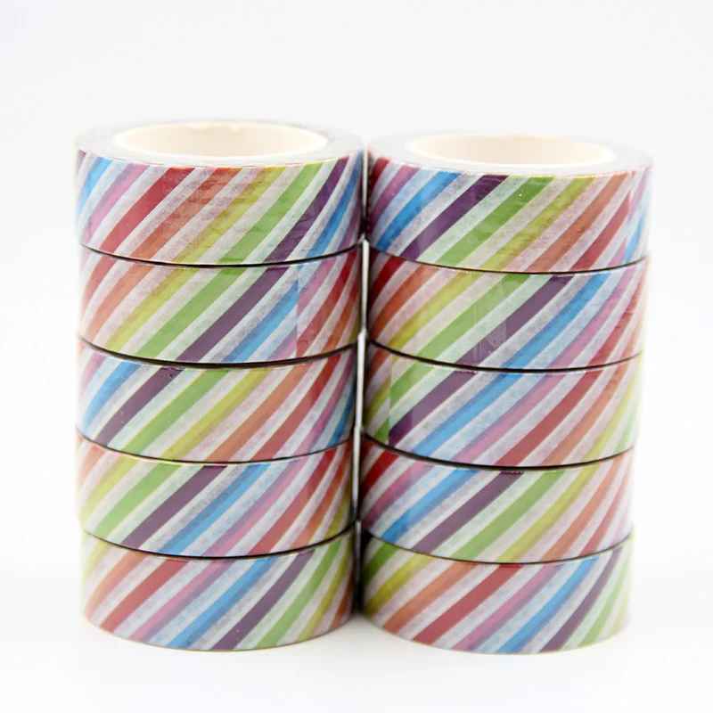 

New 10pcs/set 15MM*10M Rainbow Colorful Stripes Washi Tape Decorative Tape Papelaria Label Masking Sticker Tape stationery
