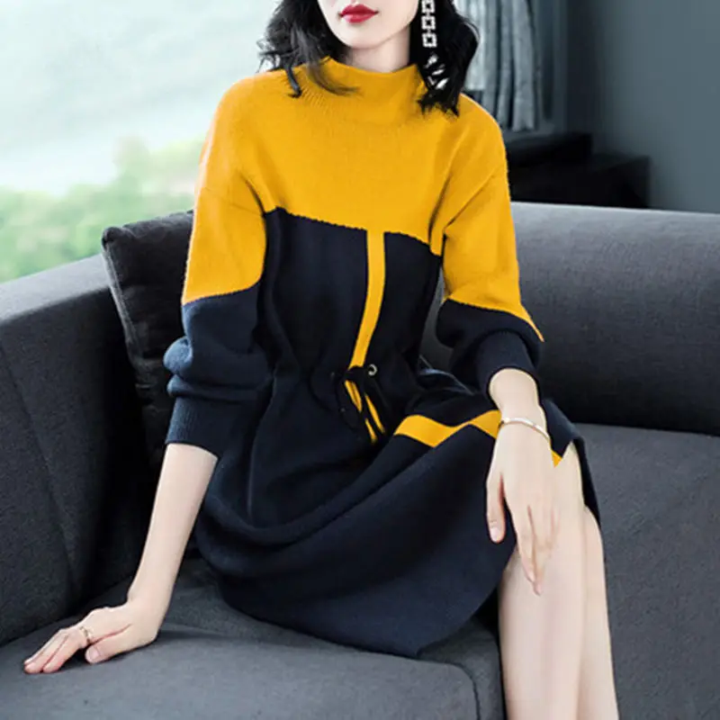 

Autumn Winter Fashion Turtleneck Sweater Dresses Hit Color Female Casual Knitted A-Line Dress Women Waist Knitting Dress