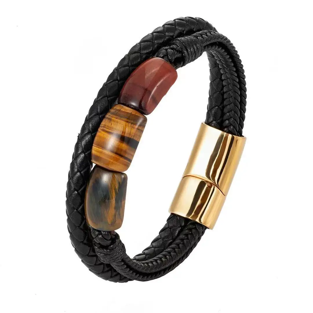 

Natural Tiger Eye Stone Stainless Steel Leather Cord Men's Bracelet Personalized Design Double Row Bracelet