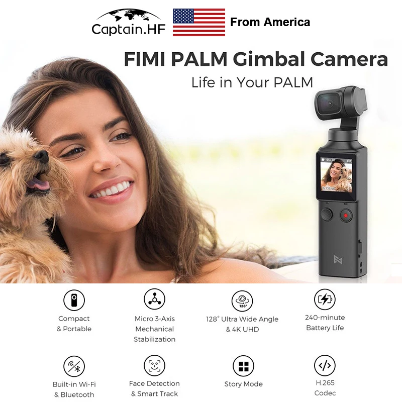US Captain WIFI Bluetooth PALM3-Axis 4K HD Ручной Стабилизатор камеры 128 ° широкоугольный смарт-трек