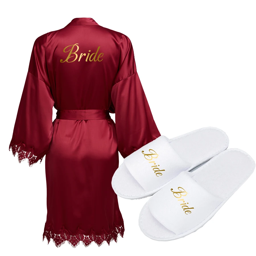 

Satin Silk Robe & Slippers Bride Bridesmaid Robes Wedding Robe Dressing Women Robes Party Gifts Gown Bathrobe White Gold Print