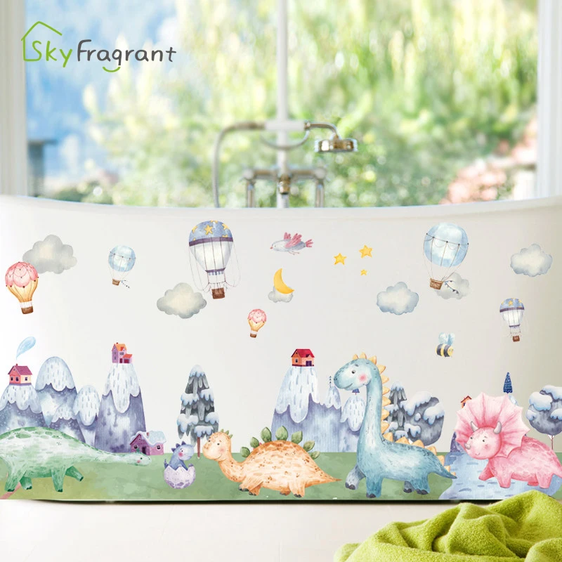 

Cartoon Cute Dinosaur Wall Stickers For Kids Rooms Baby Bedroom Wall Decorations Kicking Line Self Adhesive Decoration Stickers