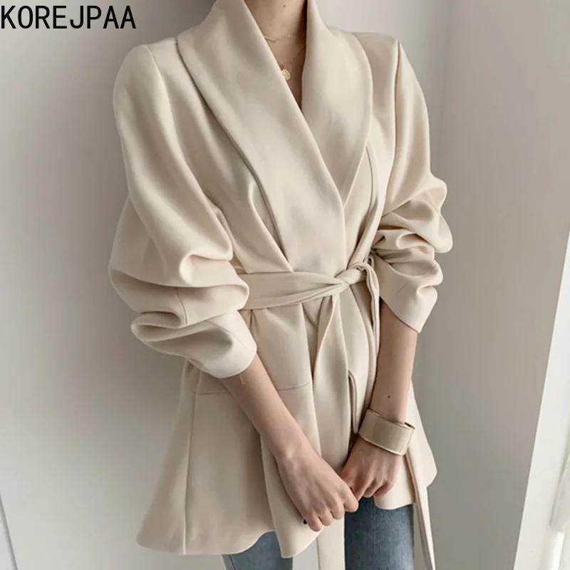 

Korejpaa Women Jacket Korea Elegant Turn-down Collar Puff Sleeve Slim Waist Bandage Casual Irregular Solid Coat Outwear Chic New