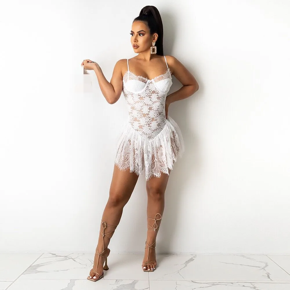 

JRRY Sexy Women Mini Dress Spaghetti Strap Floral Lace Short Dresses