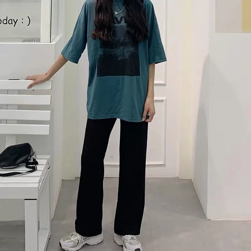 

Thin casual pants Korean students wear women's nine point loose little summer drop feeling black high waist suit pants