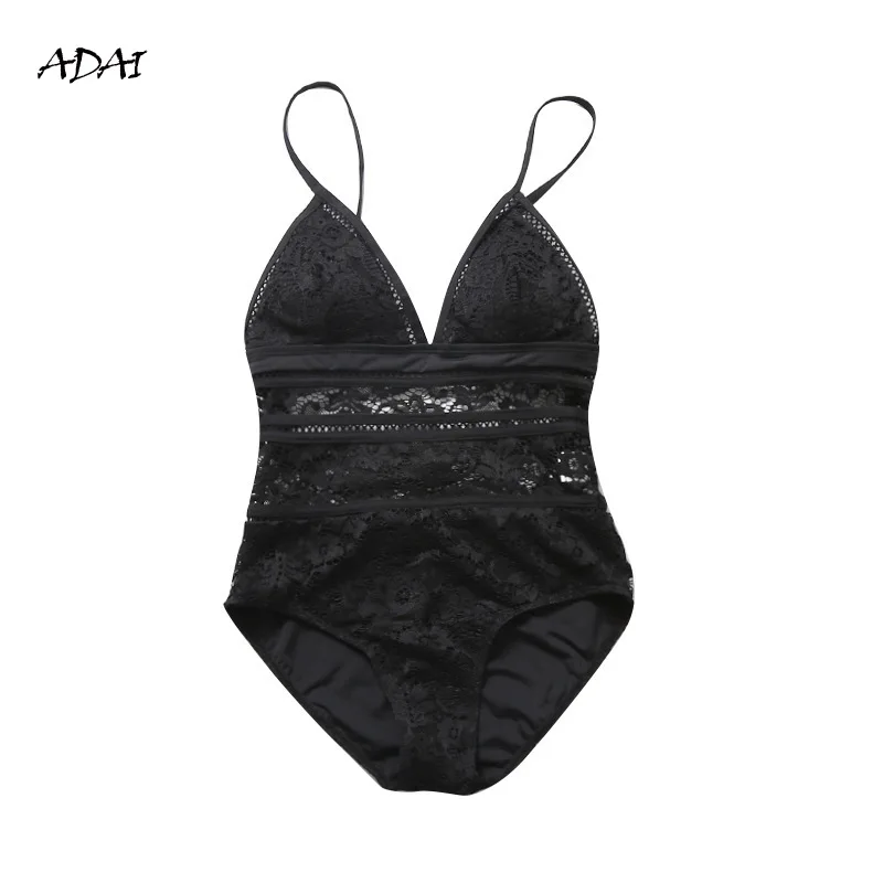 

Women Swimsuit One Piece Swimwear Sexy Lace Waist Hollow Out Patchwork Monokini Bathing Suits Beach Wear Bodysuit Black White