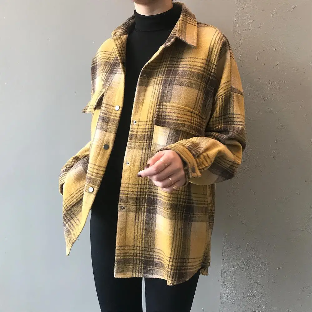 

Casual plaid shirt women harbor taste long sleeve coat button pocket women long style coat street women fall and winter woollen