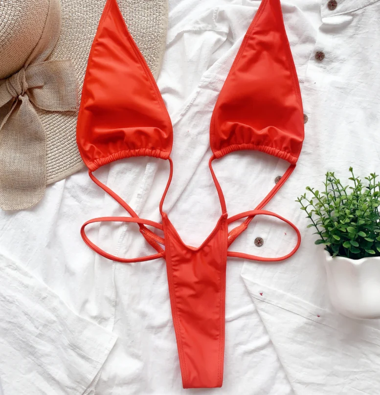 

High Performance Hot Ladies One Piece Beach Sexy Halter Swimsuit Solid Color Hollow Strap Bikini