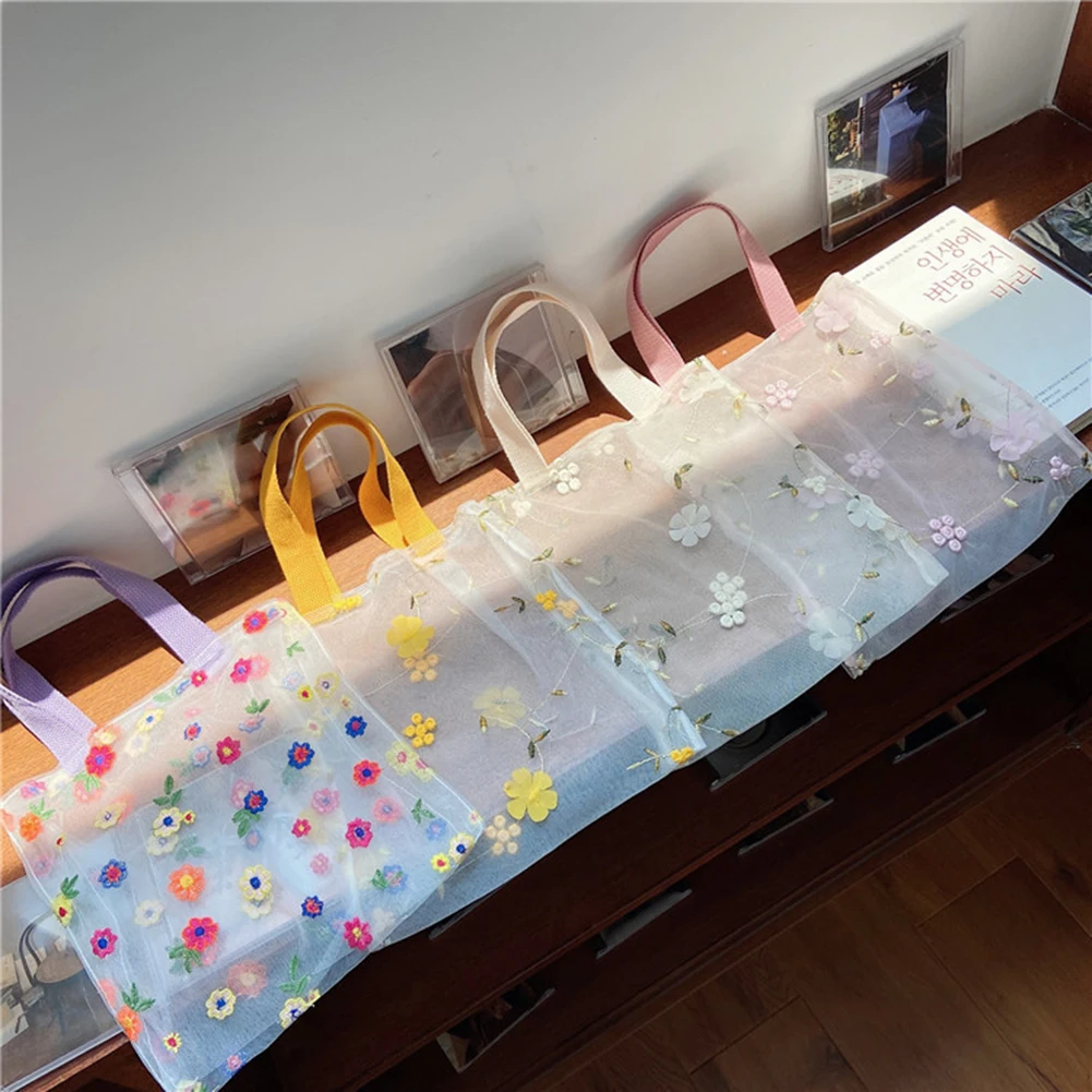 

Mesh Lace Handbag Women Flower Embroidery Transparent Tote Bag Elegant Beach Summer Small Pouch Shopping Purse