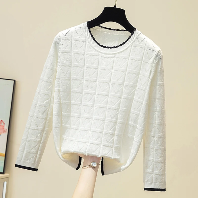 

2021 Autumn Knitted Pullover Sweaters Female Black Hollow Out Long Sleeve O-neck Korean Jumper Mujer Sweater Pullovers Women Top