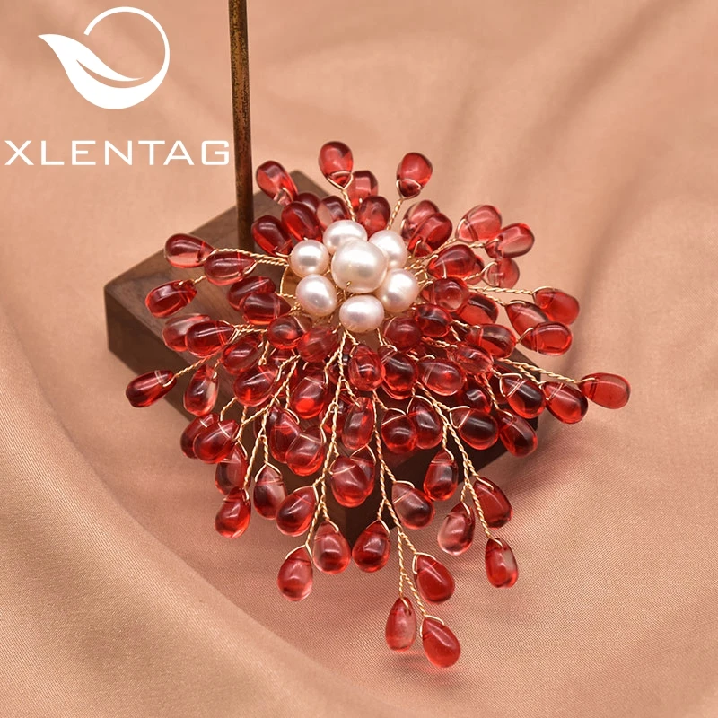 

XlentAg handmade natural freshwater pearl Red crystal stone branch brooch women wedding party gift fine fashion jewelry GO0383B