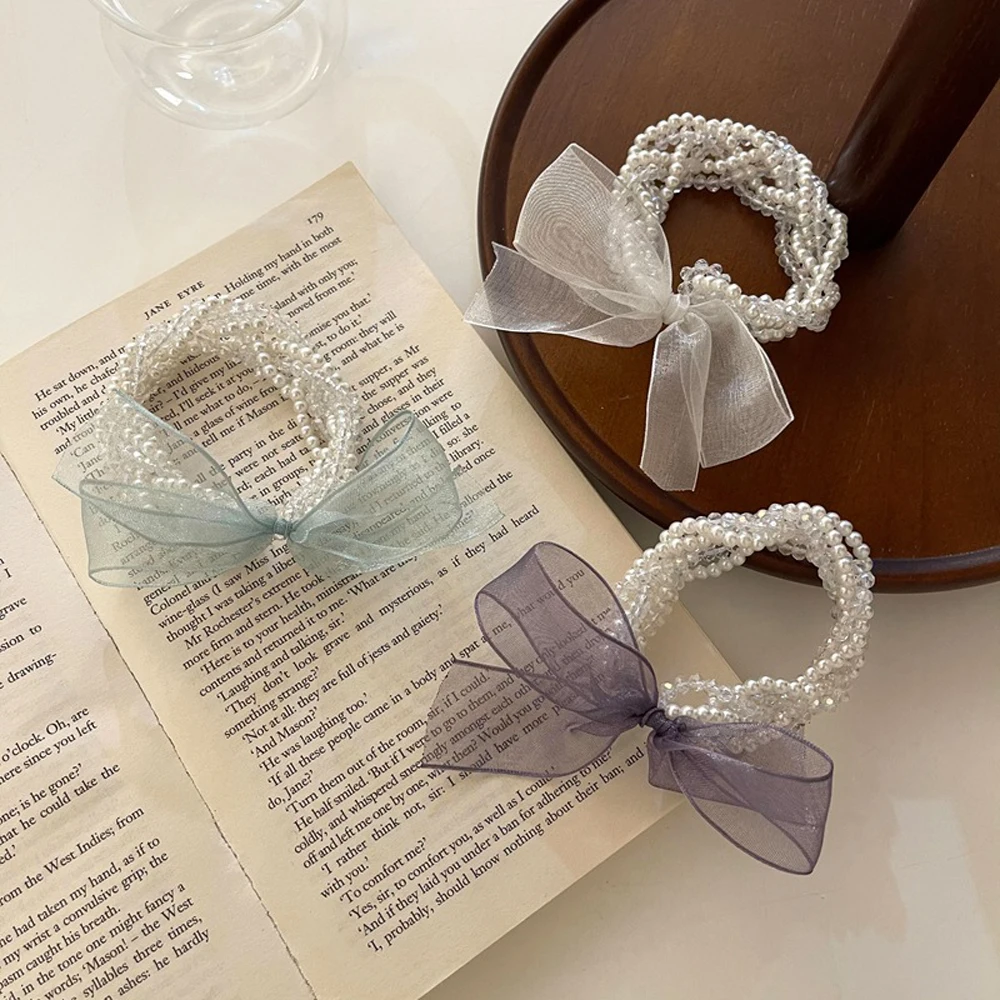 

Korean Scrunchies Yarn Bow knot Ribbon Hair Ropes Bow Hair Ties Ponytail Holder Pearls Rubber Bands