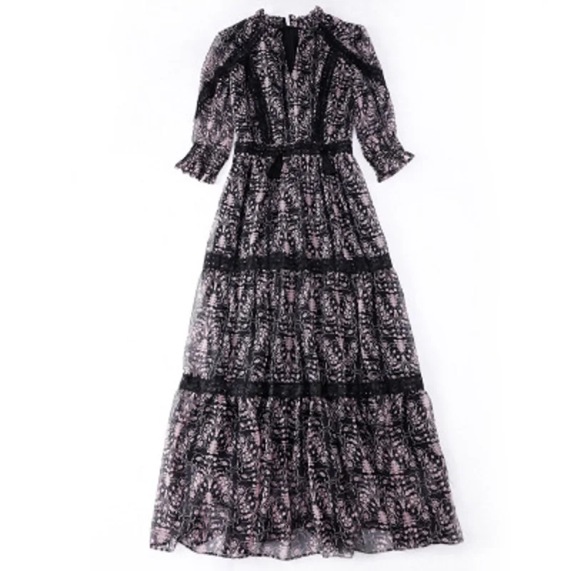 

street long dresses High xl Runway 2021 new Summer Women Lace dress Plus Size Clothing Chiffon Printing Lady party Dress A Line