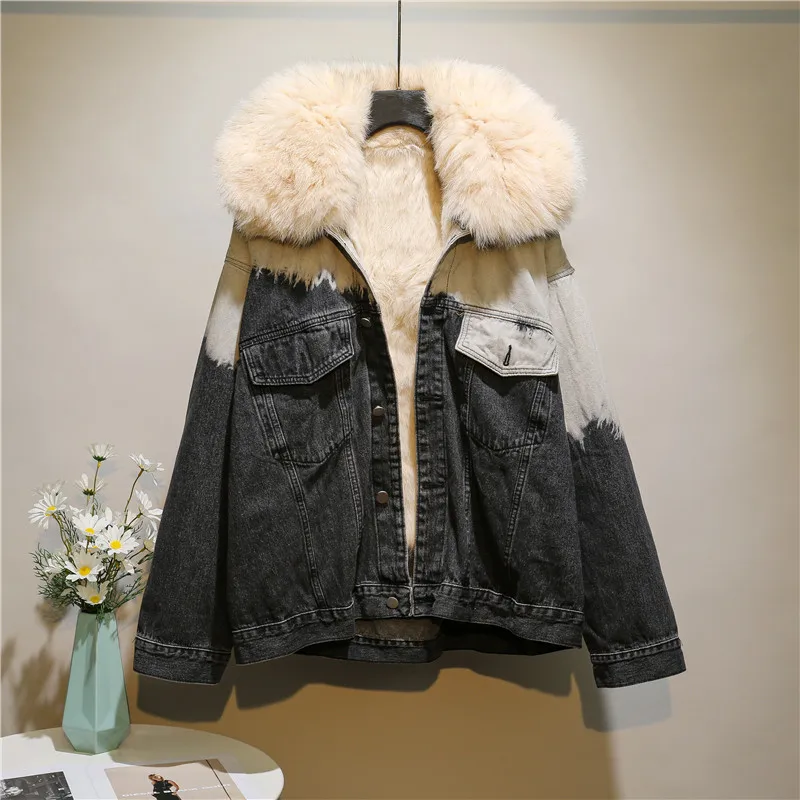 

Women jacket autumn winter 2021 new fashion gradient color matching denim coat fox fur collar plus velvet thick warm loose parka
