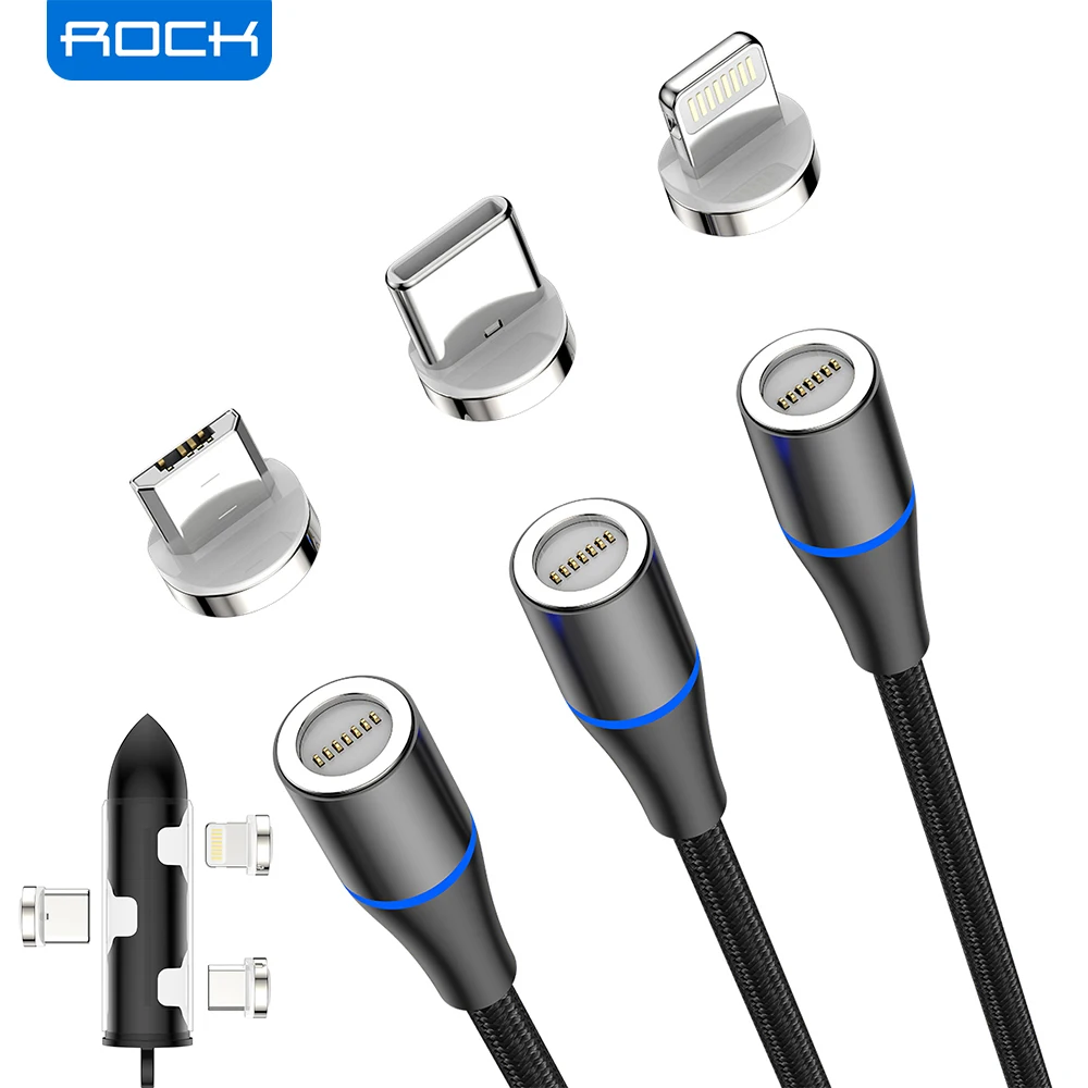 Магнитный кабель ROCK 3A для iPhone 12 Mini 11 Pro Max SE Samsung Быстрая зарядка QC 3 0 Micro USB Type C