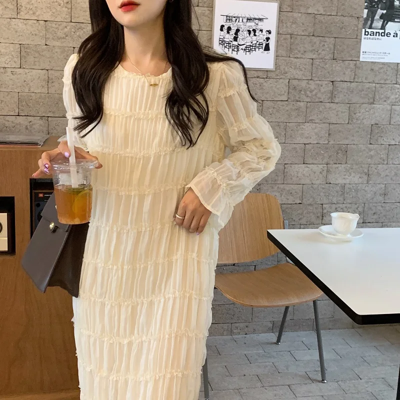 

SuperAen 2021 осенние однотонные повседневные женские платья до середины икры с круглым вырезом