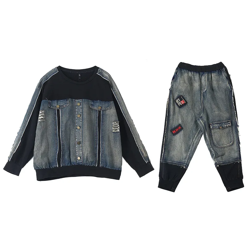 

Two Pieces Sets Ladies Gothic Patchwork Vintage British New Designer Spring Outifts Womens Denim Printed Tops And Elastic Jeans