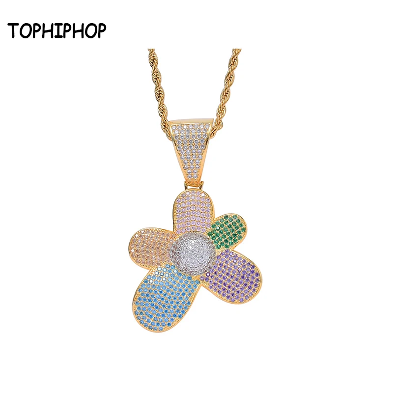

TOPHIPHOP Bling Iced Out Colored flower shape Necklace & Pendant With AAA Cubic Zircon Men's Women Hip hop Rock Jewelry