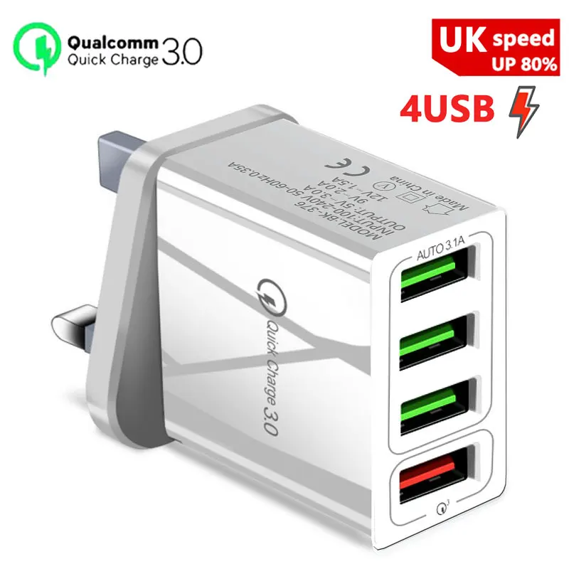 

QC 3.0 British standard high-quality 4-port 4USB mobile phone fast charger, a variety of colors, safe and durable