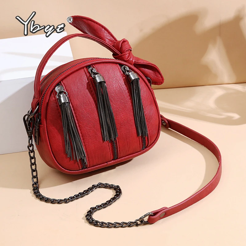 

YBYT fashion metal tassel messenger bags for women 2020 high quality PU leather chain shoulder bag bow mini ladies handbag purse