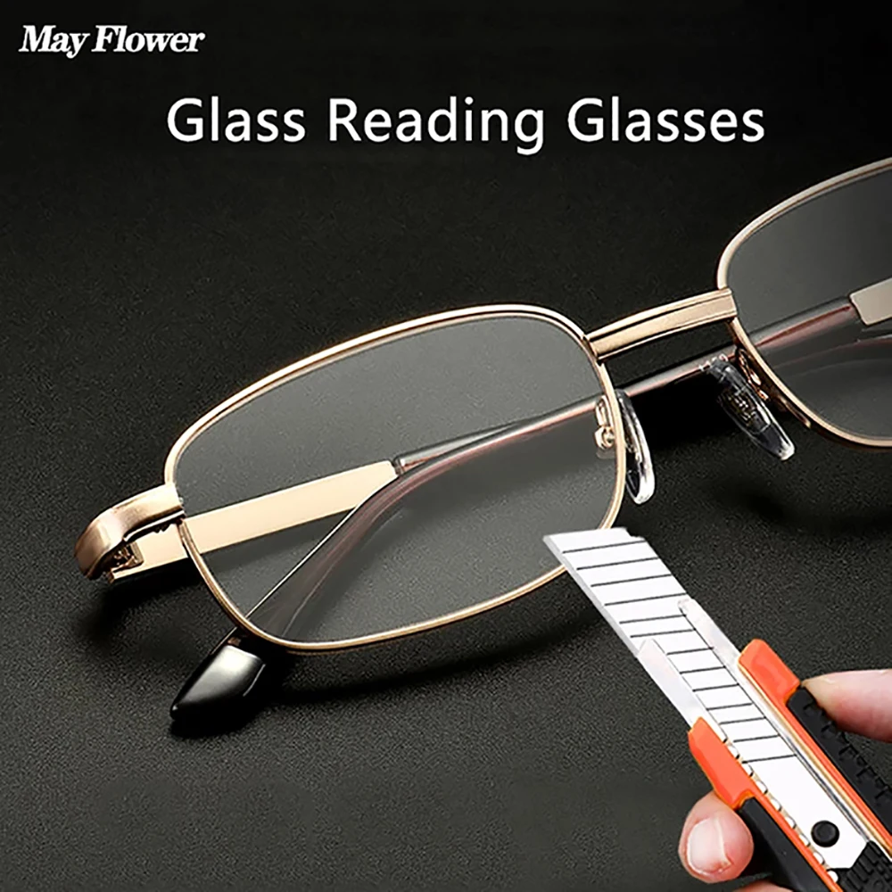 Anti-Scratch Lesebrille Retro Quadrat Presbyopie Brillen Mit Glas Linsen Metall Hyperopie Brillen männer gläser + 3,5 + 4 – Detail 2