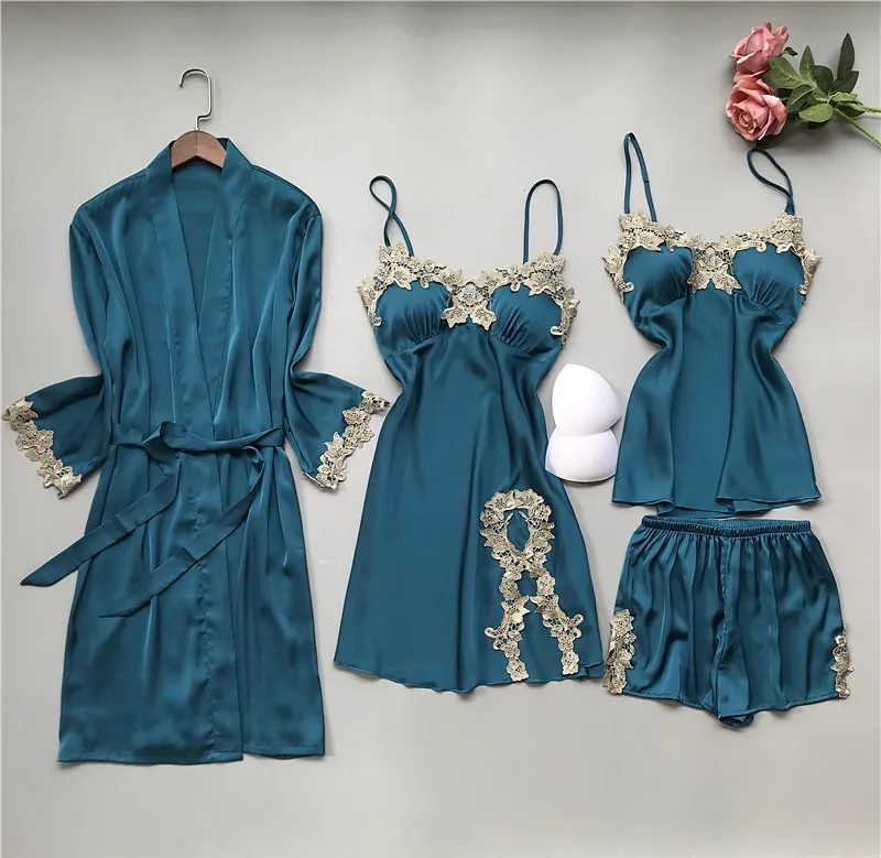 

4PCS Sleep Set Lady Satin Pajamas Casual Long Sleeve Sleepwear Sexy Nightgown Lace Trim Suspender Nightdress&Bathrobe Gown