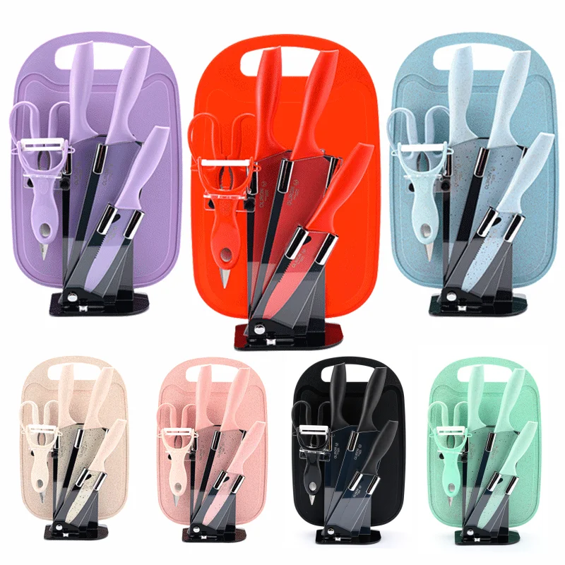 

7 PCS New Wheat Straw Knife Set Stainless Steel Kitchen Tool Chef's Knife Slicing Peeling Fruit Kitchen Supplies Pink color
