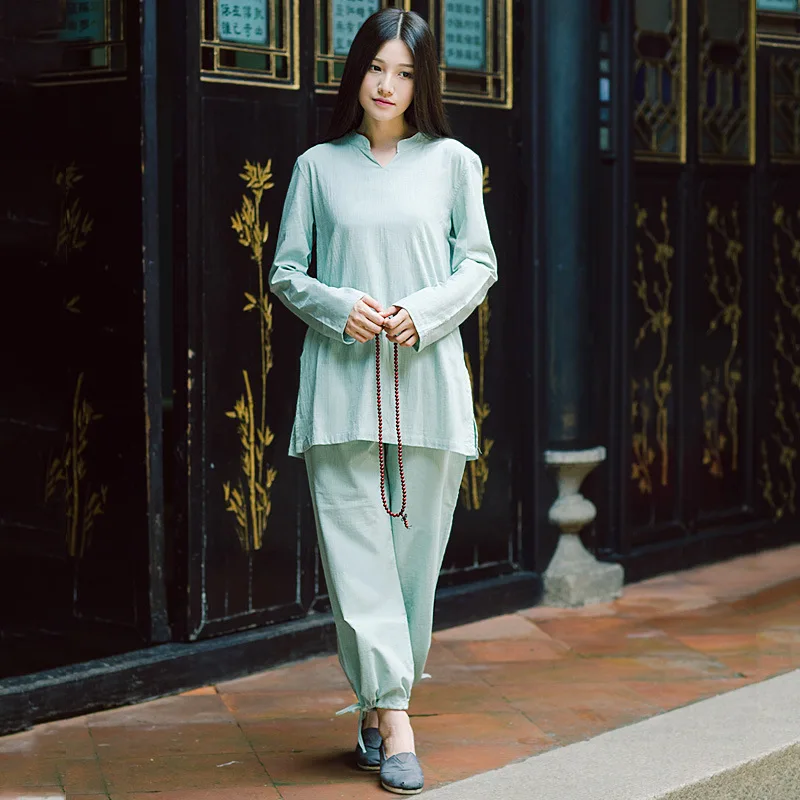 

Cotton Linen Fabric Woman Blouse Sets Traditional Chinese Clothing For Women Tai Chi Kung Fu Tea Uniform Meditation Clothes