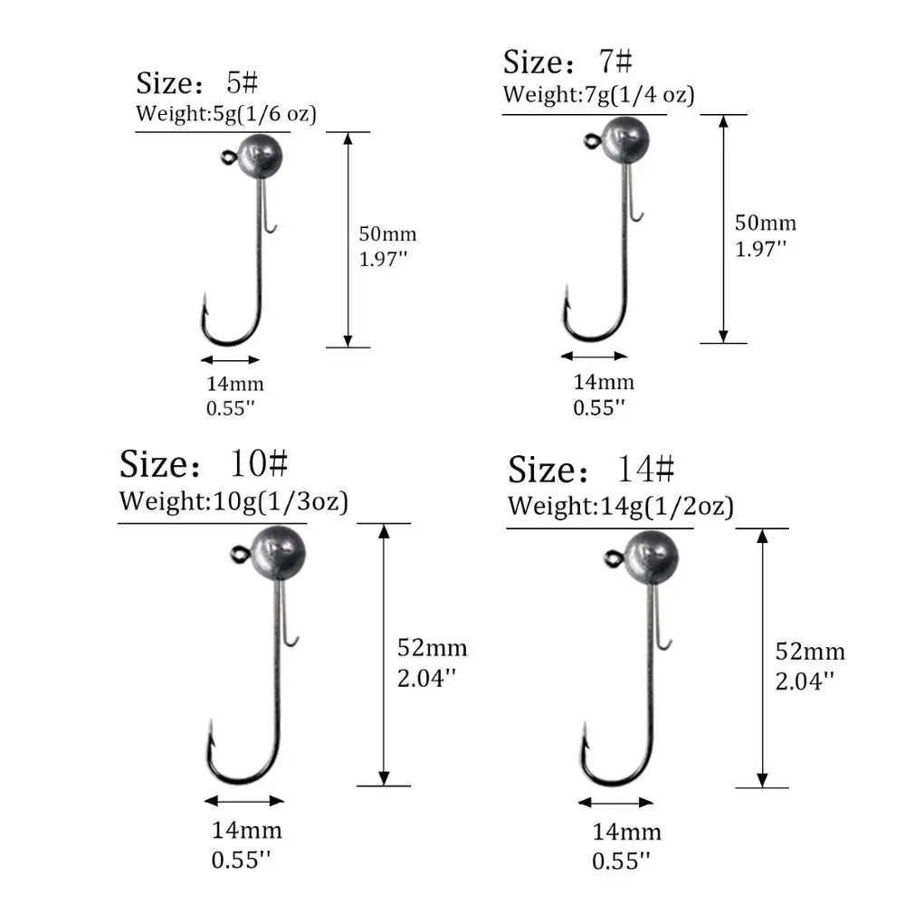 5pcs/lot Jig head hook 5g 7g 10g 14g Round Ball Head Fishhook Weedless Long Shank Barbed Hook For Soft Worm Fishing | Спорт и