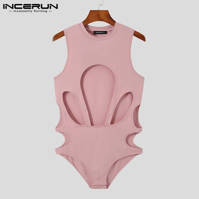 INCERUN-Pijama Sexy para hombre, ropa interior ahuecada de Color sólido, cuello redondo, sin mangas,