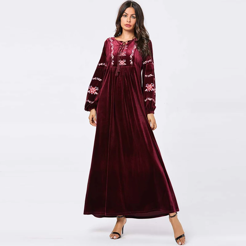 Цветочные бархатные abaya для женщин Дубай мусульманский кафтан женская одежда зима осень длинное платье Зеленый Кафтан vestido manga larga