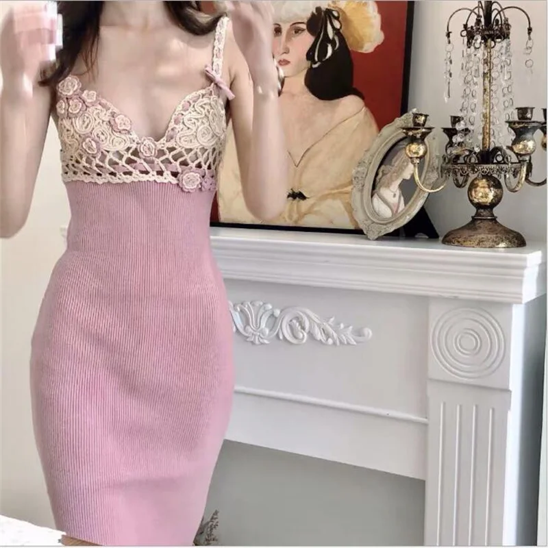 

Retro Sexy Street Crocheted Knitted Sling Dress Autumn New Female Lolita Fresh Sweet Dress