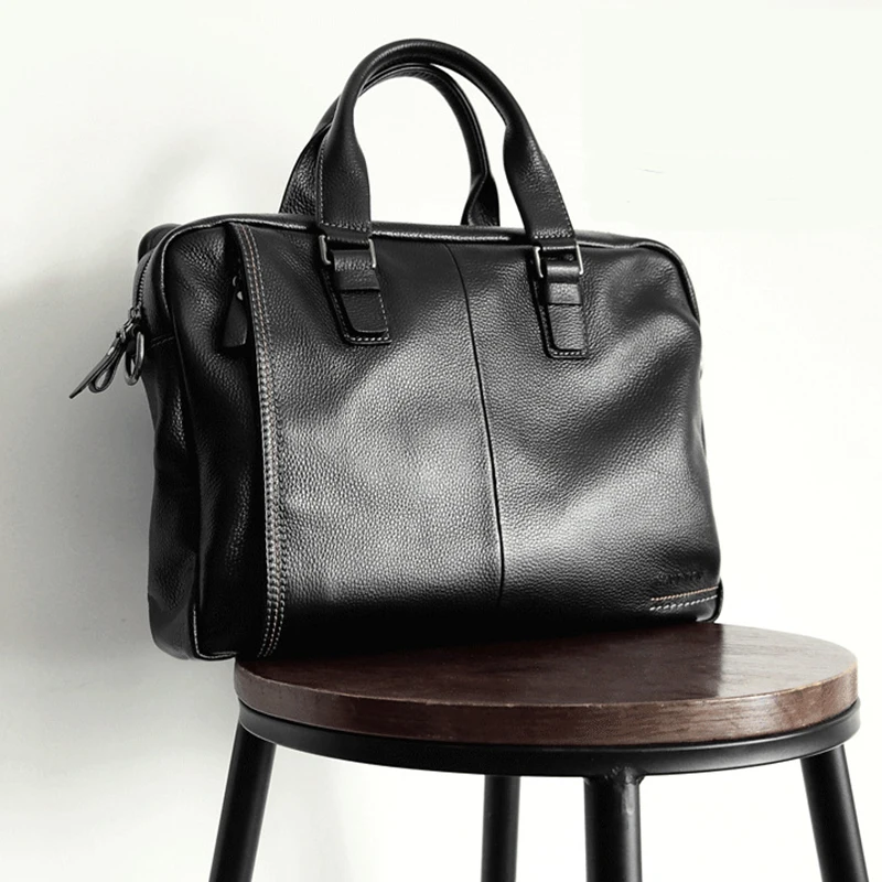 New Natural Cowskin 100% Genuine Leather Men's Briefcase Fashion Large Capacity Business bag Black Shoulder Laptop Bag