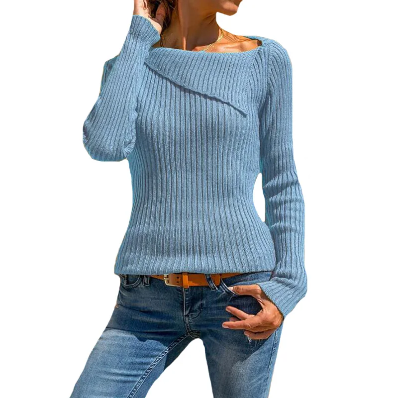 

CHSDCSI 2021 Women Autumn Sweaters Solid Knitted Female Soft Elastic Turndown Collar Pullovers Full Sleeve
