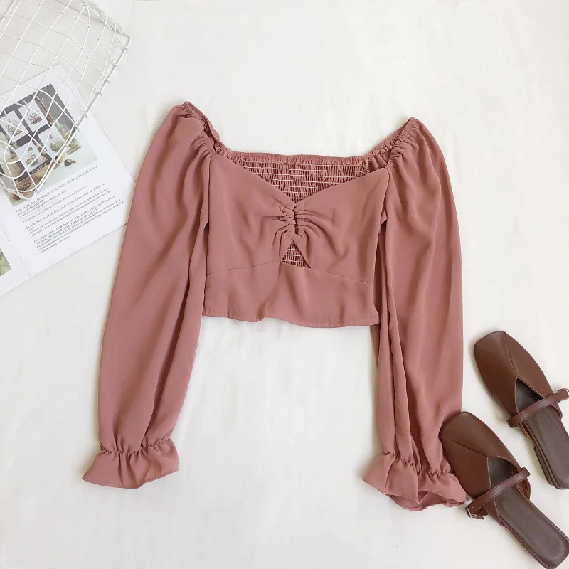 

Clothes Women Spring 2021 Korean New Fashion Long Sleeve Short Ruffle Shirt Blouse Women