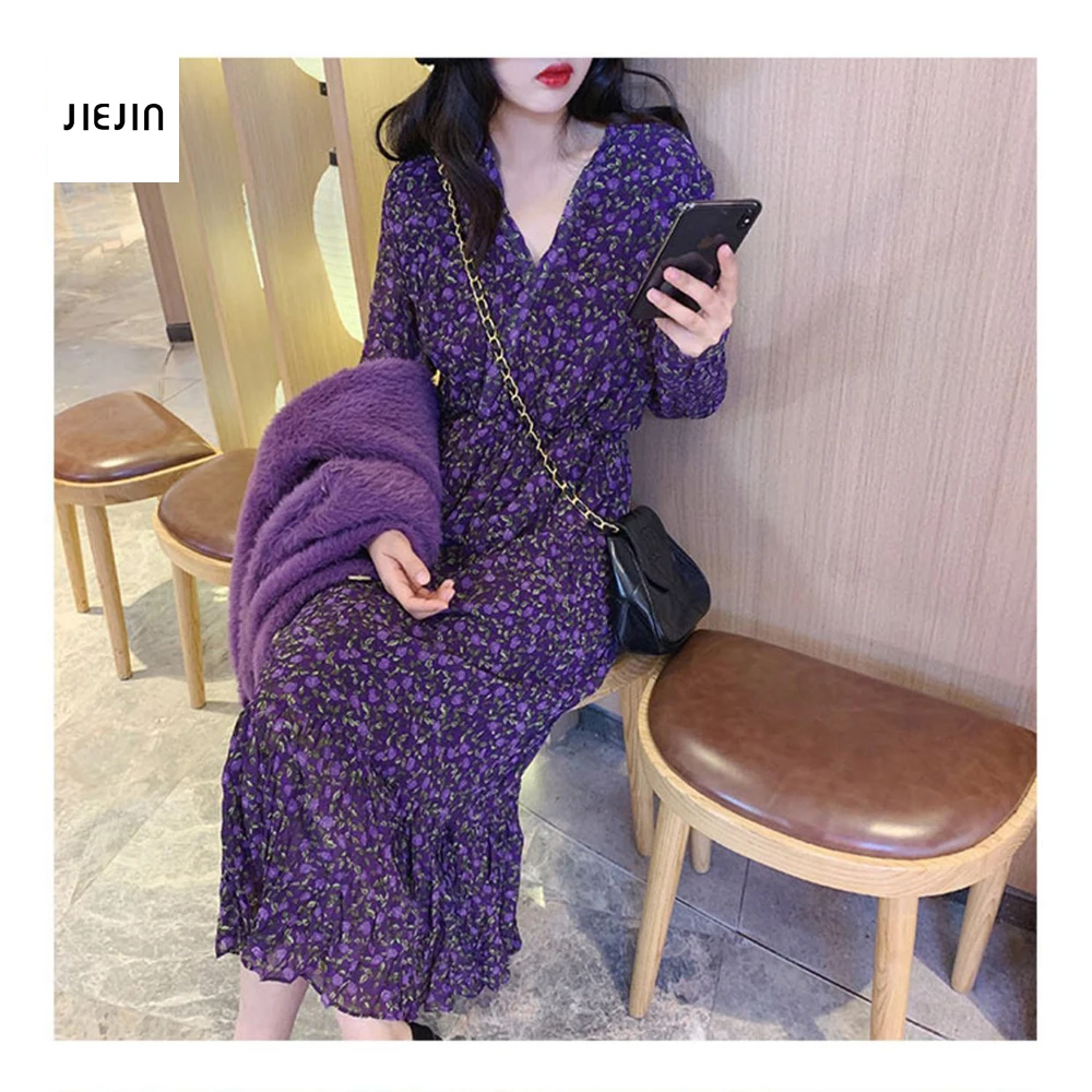 

Vintage Floral Print Maxi Dress Women Boho Long Dresses Long Sleeve V-neck Sexy Party Robe France Style Violet Chiffon Dress