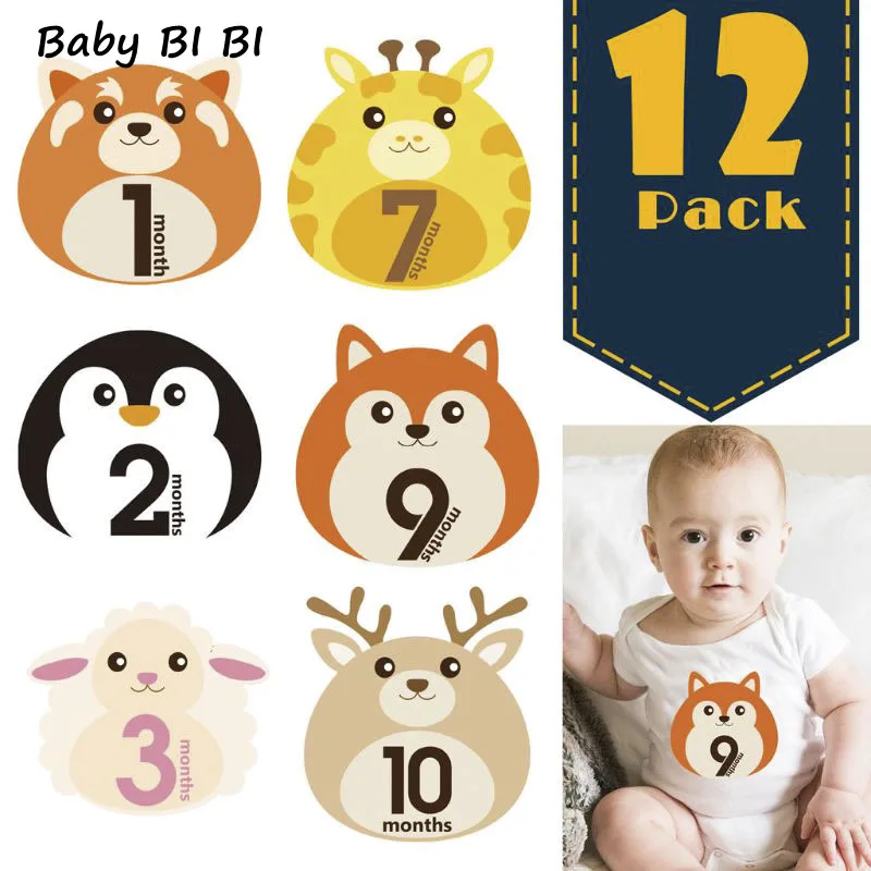 

12 Pcs Animal First Year Monthly Milestone Photo Sharing Baby Belly Stickers 1-12 Months baby accessories