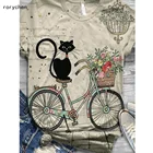 2020, Женская Повседневная хлопковая Футболка rorychen с принтом кота, милые летние топы с коротким рукавом, футболка с круглым вырезом и мультяшным принтом велосипеда, A610