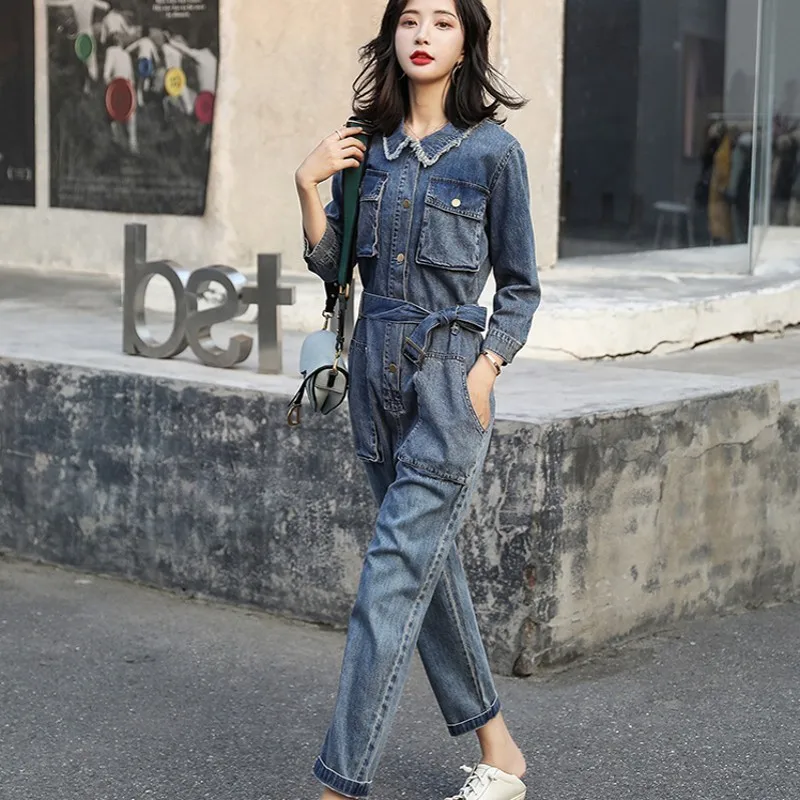 Осенняя мода корейский пояс карманы Женские карго Комбинезоны Винтаж Высокая