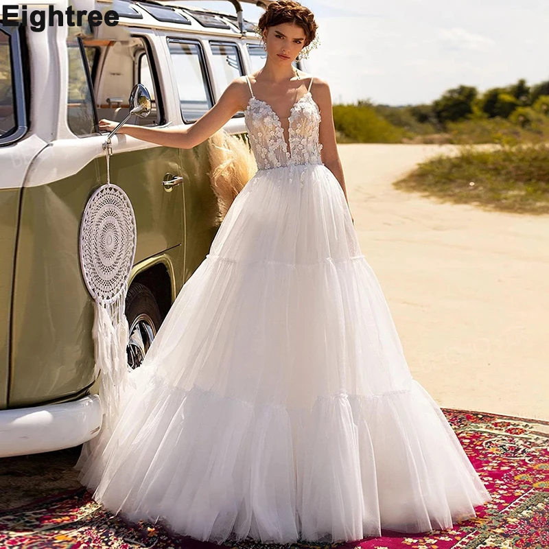 

Eightree Princess Wedding Dresses Boho 3D Flowers A-Line Beach Bridal Gown 2021 Beaded Sleeveless Plus Size Vestido de Noiva