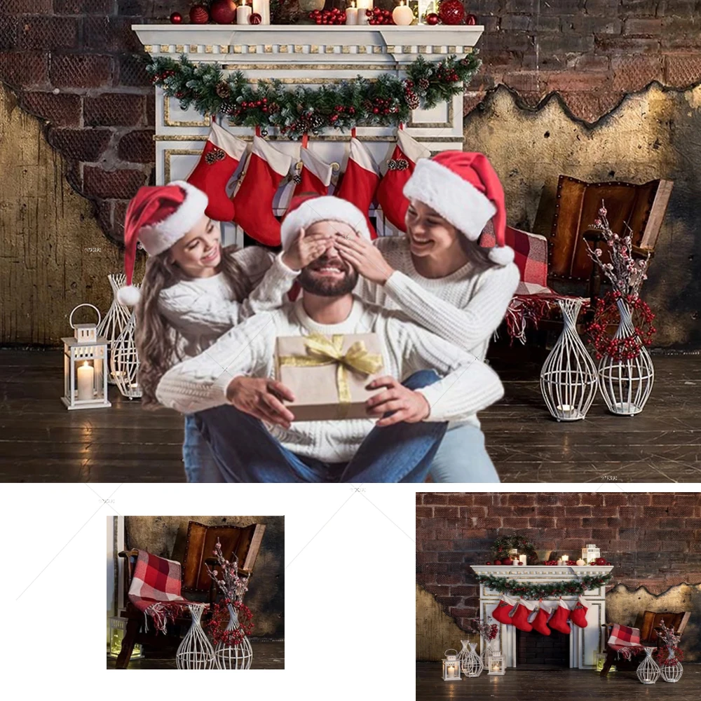 

Merry Christmas Fireplace Photography Background Vintage Brick Wall Xmas Wreath Socks Kid Holiday Portrait Backdrop Photo Studio