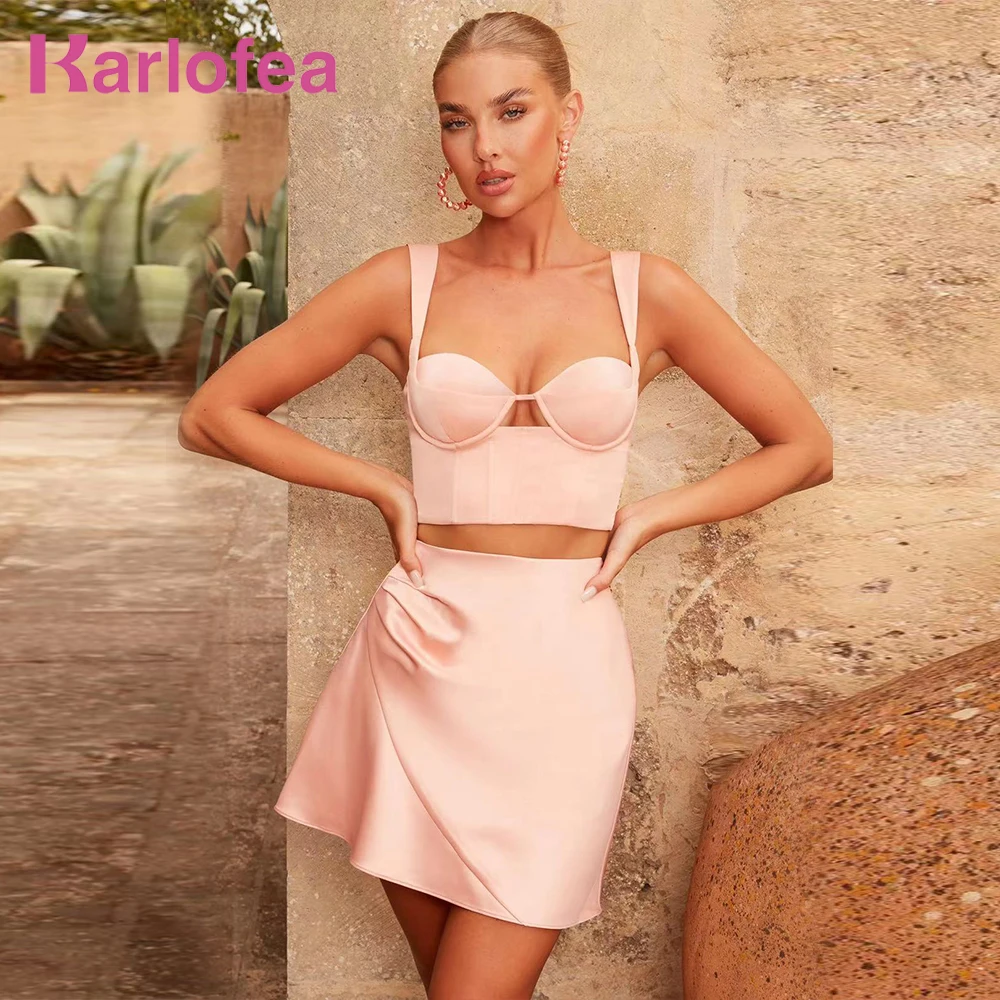 

Karlofea Mujer Elegant 2 Piece Sets Celebrity Club Party Dresses Padded Underwire Corset Tops A Line Skirt Satin Pink Dress Sets