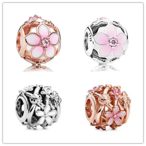 

Authentic 925 Sterling Silver Rose Gold Magnolia Bloom Charm With Clear Cz Fit Women pandora Bracelet & Necklace Diy Jewelry