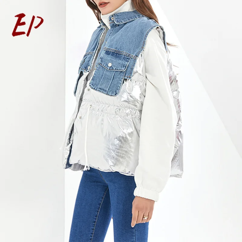 

EP Fashion New 2021 Solid sleeveless Jacket Women Spliced Open Stitch Turn-down Collar Casual Denim Vest Coat Winter